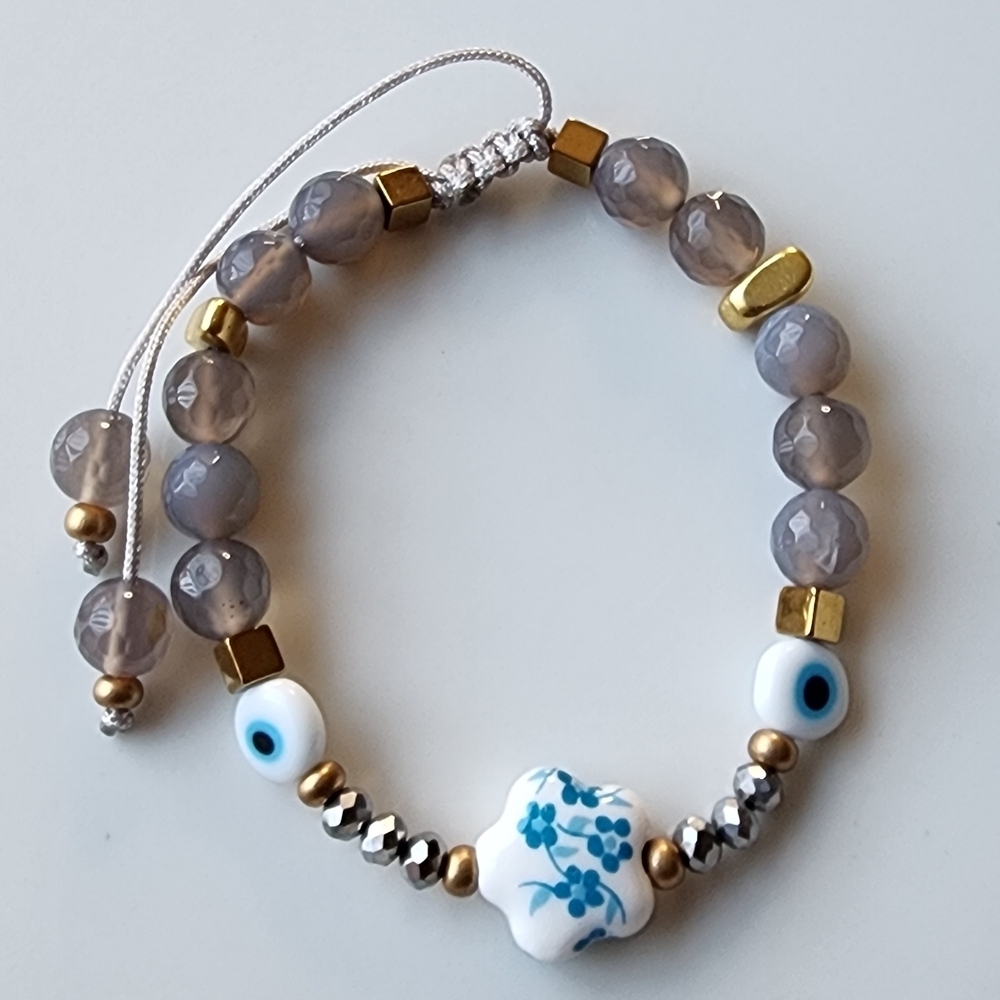 Handmade Gray Agate Evil Eye Bracelet Adjustable Boho Protection Jewelry